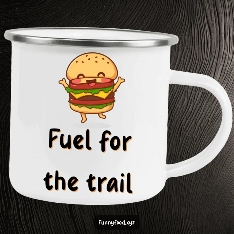 Funny Camping Mug with a jolly hamburger joyfully dancing, ideal for outdoor adventures and bringing a smile to every sip.