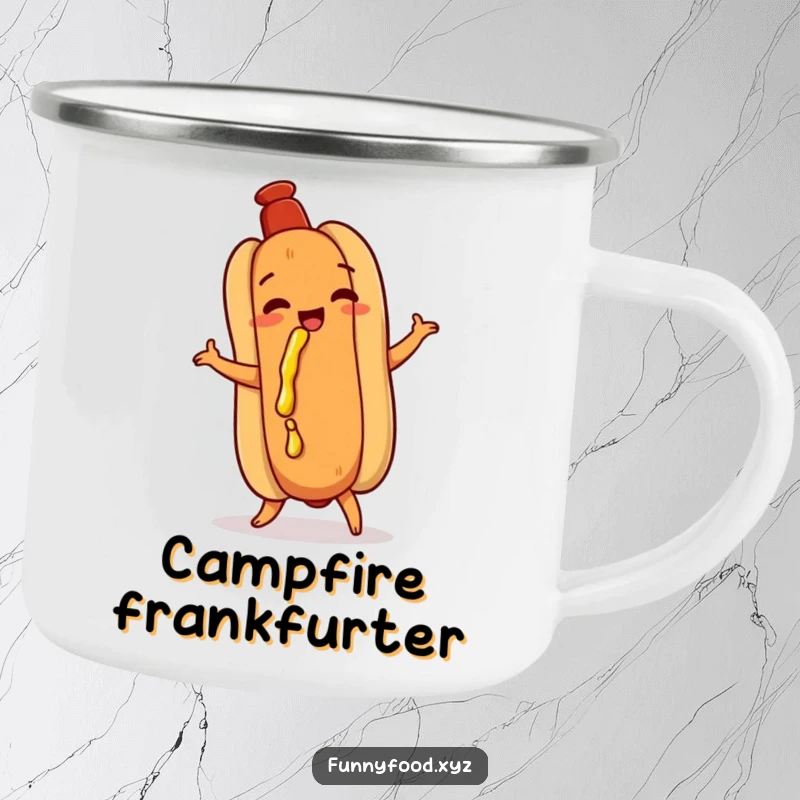 Funny hot dog camping mug, doing a playful shimmy, with mustard dribbling, a humorous and durable mug for outdoor enjoyment.