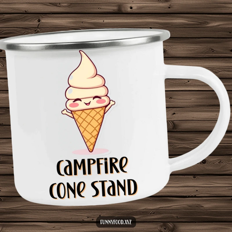 Funny winking ice cream cone doing a headstand on a durable camping mug, perfect for outdoor enthusiasts.