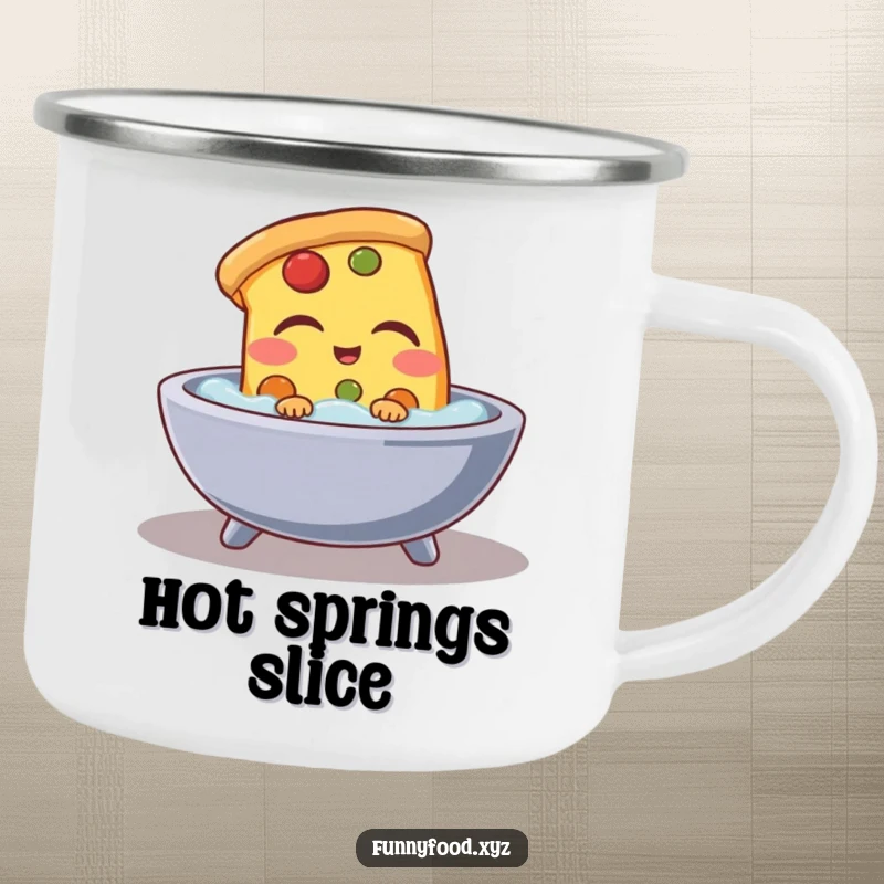 Funny pizza slice camping mug, showing a pizza slice taking a bath, durable and humorous for outdoor activities.