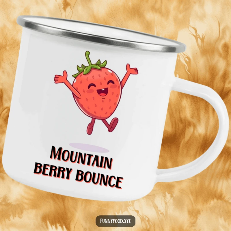 Funny camping mug showing a gleeful anthropomorphic strawberry in a playful leap, ready for outdoor fun.