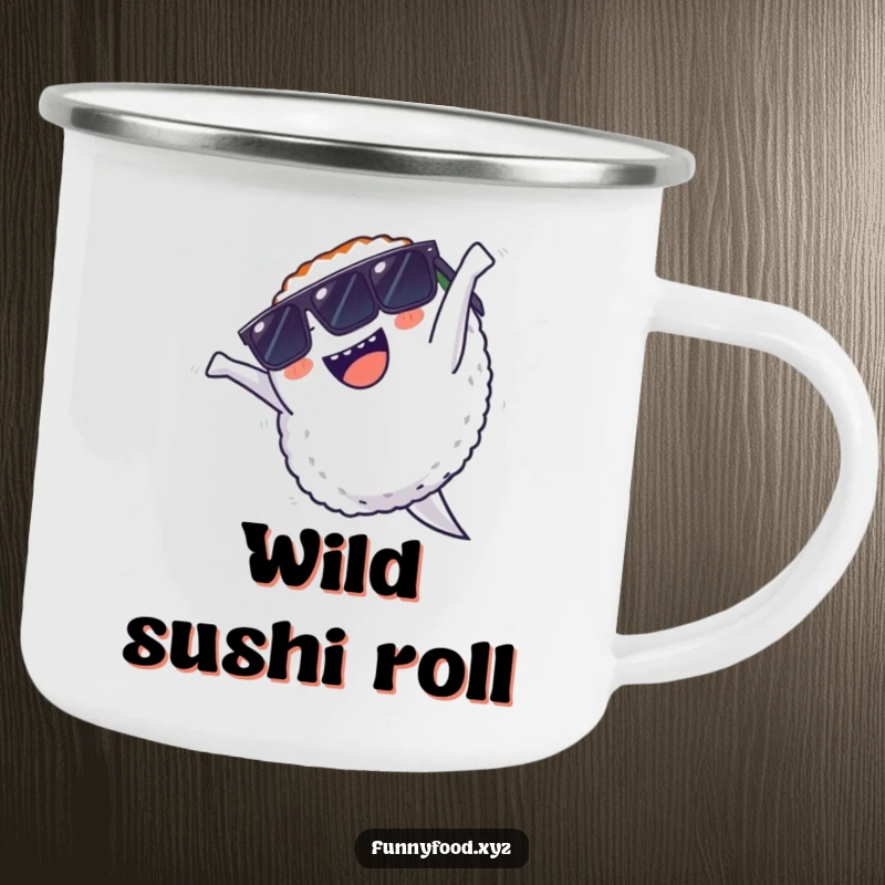 Funny camping mug showing a sushi character with sunglasses performing a backflip, perfect for enjoying drinks in the great outdoors.