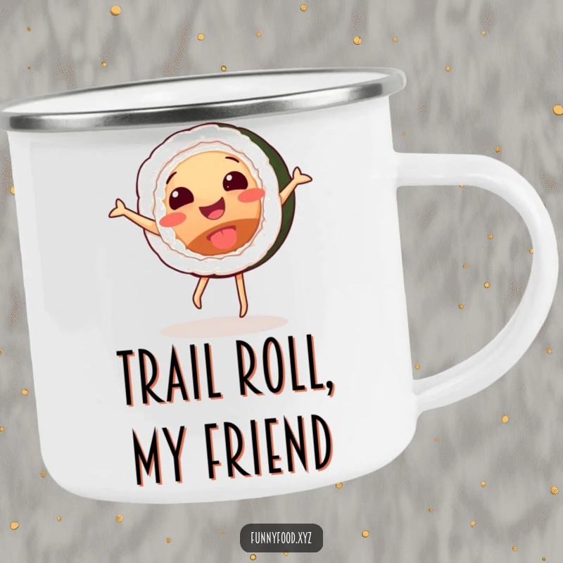 Funny camping mug with a cartwheeling sushi roll, designed for outdoor enthusiasts who love humor and adventure.