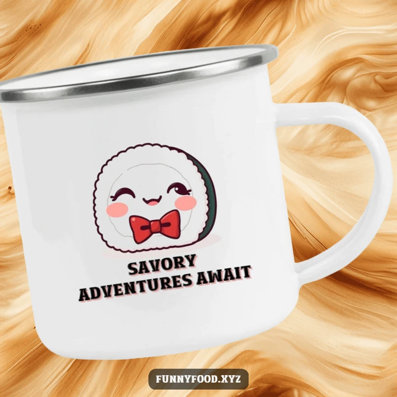 Funny camping mug featuring a giggling sushi roll with a bowtie, perfect for enjoying drinks outdoors with Japanese flair.
