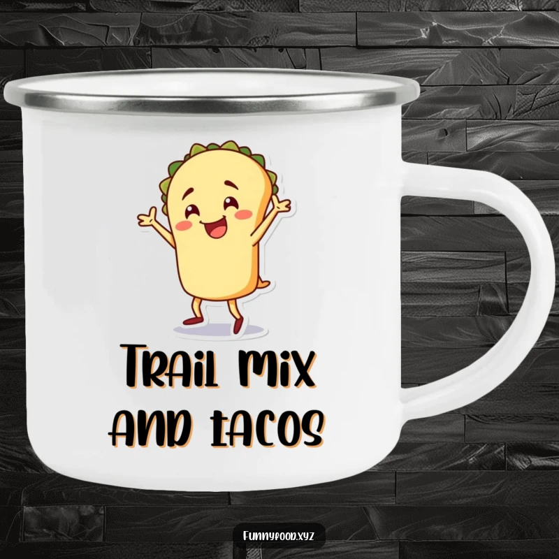 Funny taco camping mug, a cheerful taco person doing a silly dance, rugged and fun for outdoor trips.