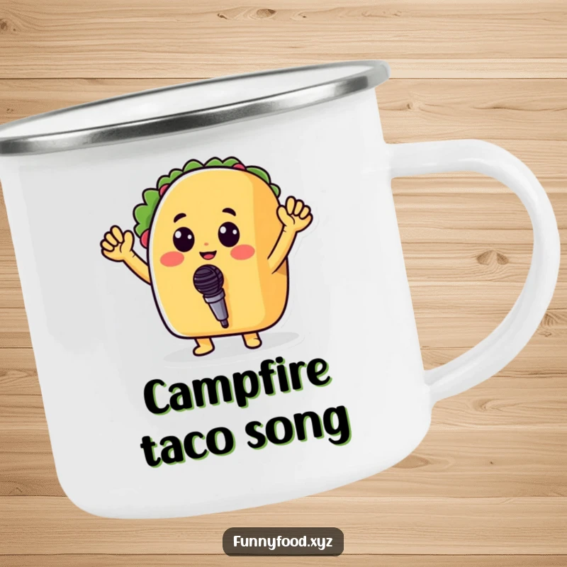 Funny camping mug with a cheerful taco holding a tiny microphone, perfect for singing songs around the campfire.