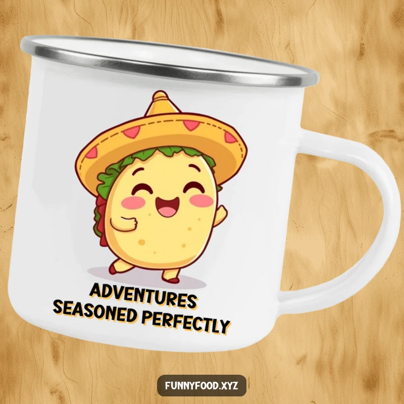 Funny camping mug featuring a shimmying taco with a sombrero, perfect for enjoying drinks on the go with festive fun.