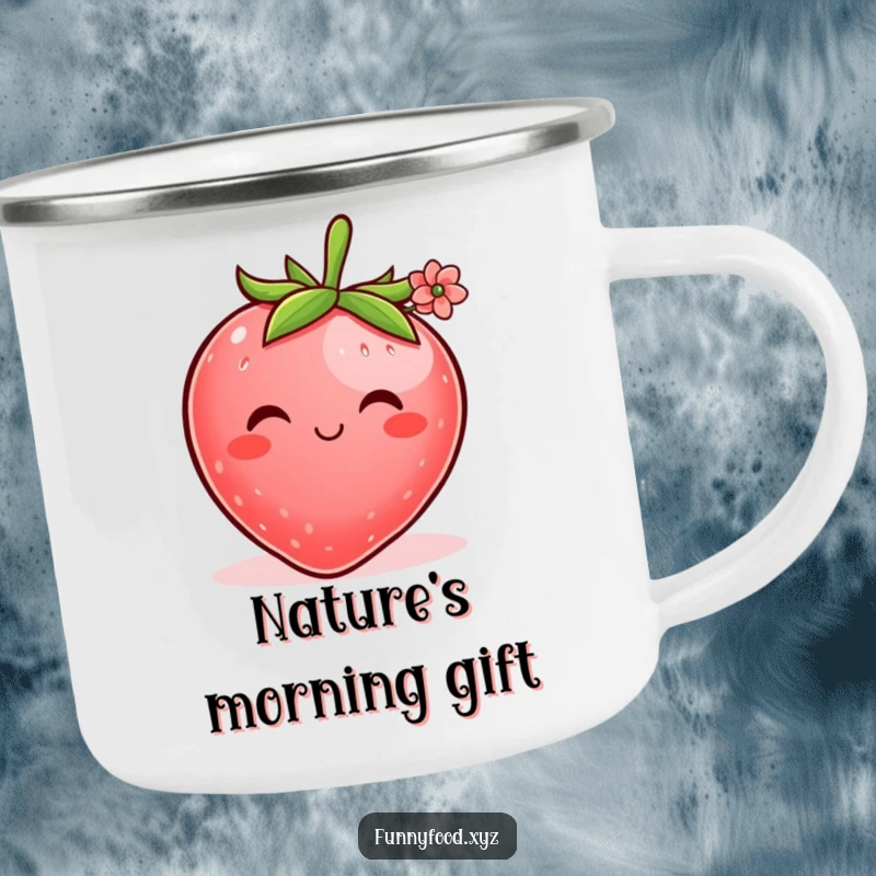 Funny enamel camping mug with a shy strawberry offering a tiny flower, perfect for enjoying drinks outdoors sweetly.