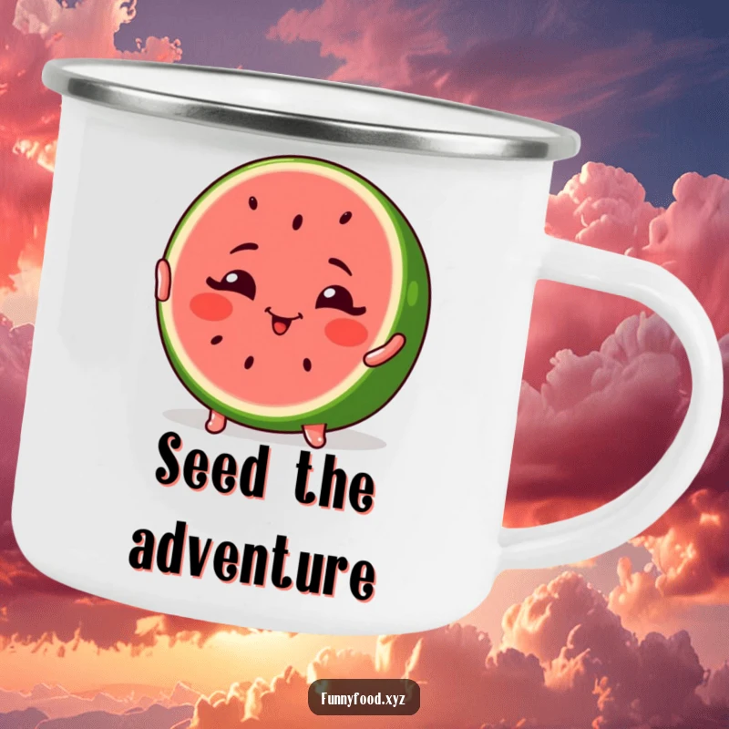 Funny Watermelon Camping Mug with a winking watermelon slice striking a pose, perfect for outdoor refreshment.