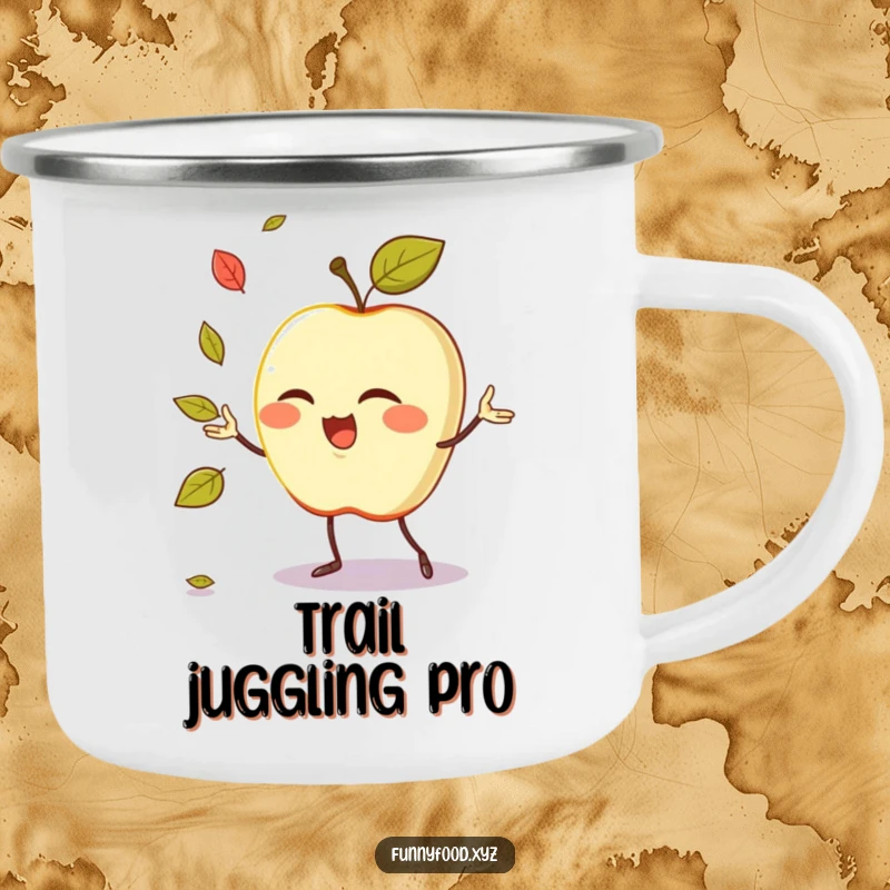 Funny camping mug showing a winking anthropomorphic apple juggling leaves, ready for outdoor humor.