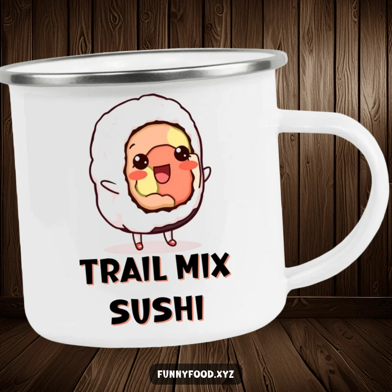 Funny camping mug showing a delighted sushi roll enthusiastically doing a shuffle, perfect for outdoor fun.