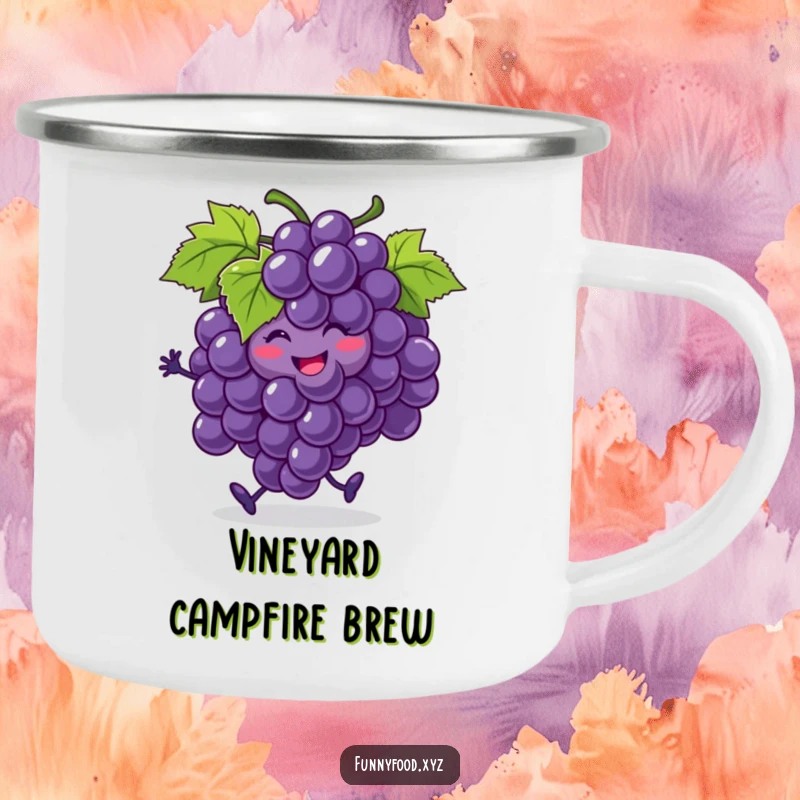 Funny bunch of grapes camping mug, smiling and jigging, with one grape rolling, a humorous and durable mug for outdoor enjoyment.