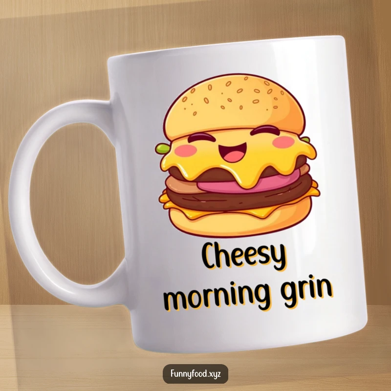 Funny cheeseburger mug, showing a giggling cheeseburger winking with melting cheese, perfect for burger enthusiasts.