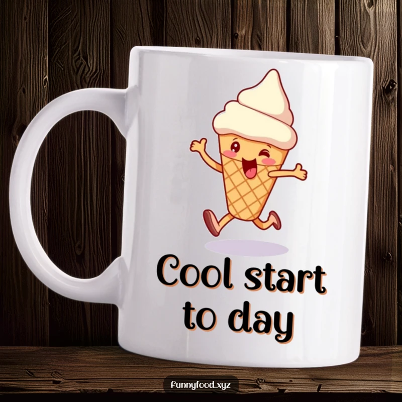 Funny ice cream cone mug depicting an enthusiastic cone doing a happy skip, full of sweet, energetic joy.