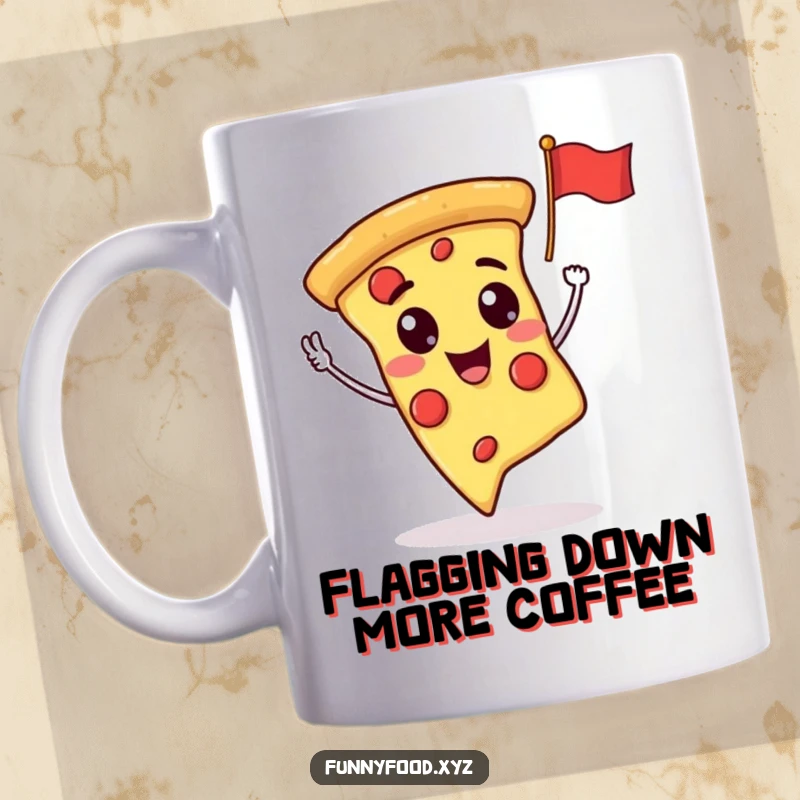 Funny pizza slice waving a tiny flag with a big smile, excitedly greeting you on a ceramic mug.