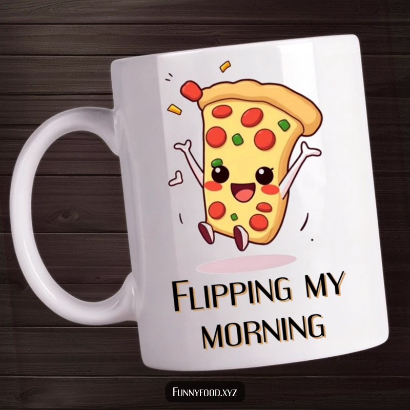 A smiling anthropomorphic slice of pizza mid-somersault with its toppings flying dynamically, embodying playful energy.