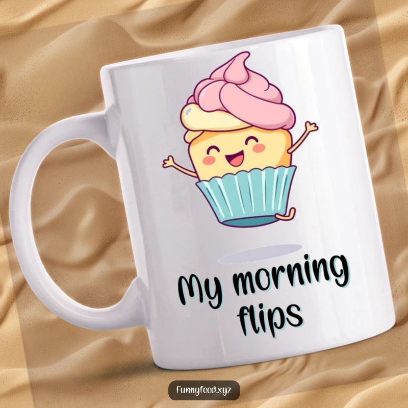 Funny Cupcake Mug: A happy cupcake character with colorful frosting performs a cartwheel, bringing joy and laughter.