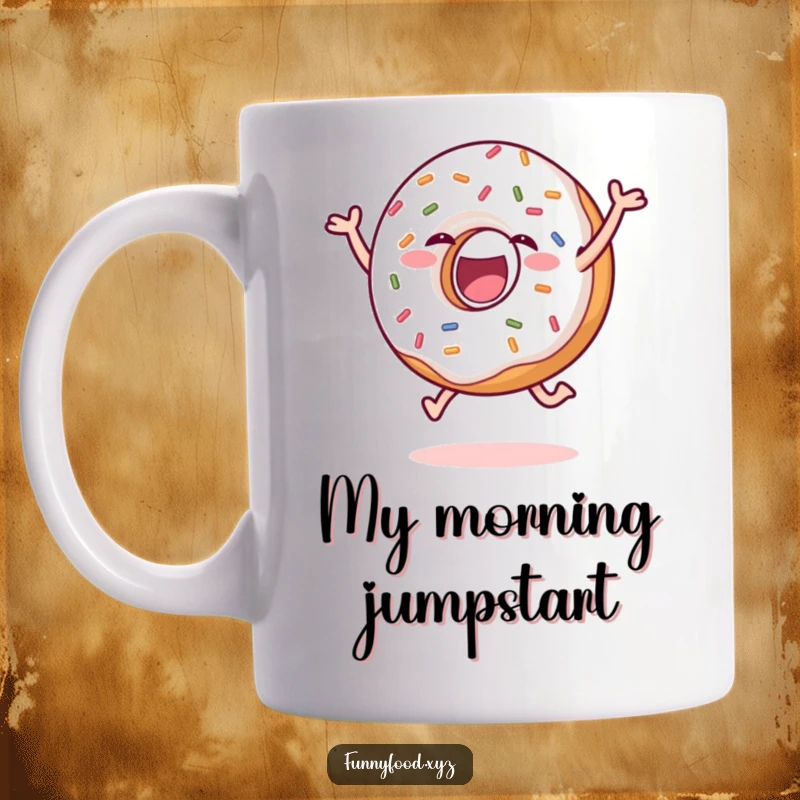 Funny donut mug with colorful sprinkles performing a joyful leap, capturing pure delight and sweetness for a hilarious gift.