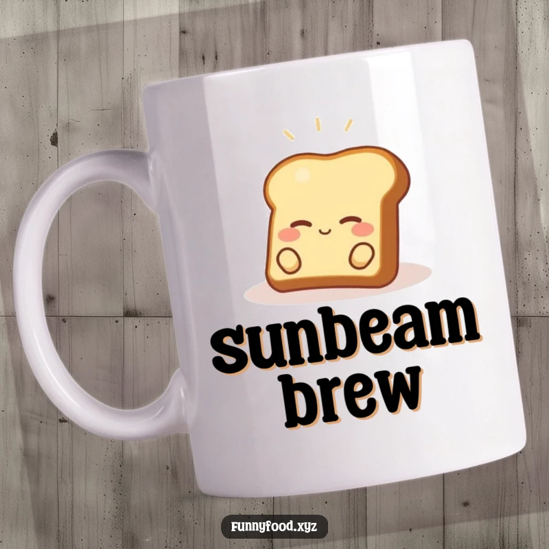 Funny toast mug depicting a happy piece of toast relaxing peacefully in a small sunbeam, perfect for a cheerful kitchen accessory.