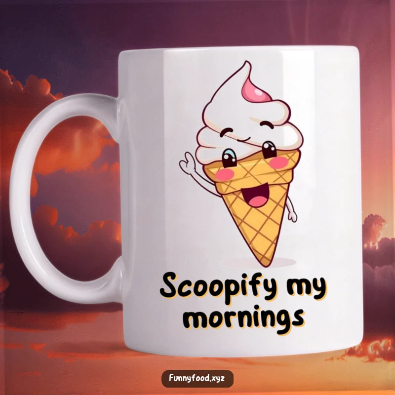 Funny Ice Cream Cone Mug featuring a happy, goofy ice cream cone waving its scoop enthusiastically.