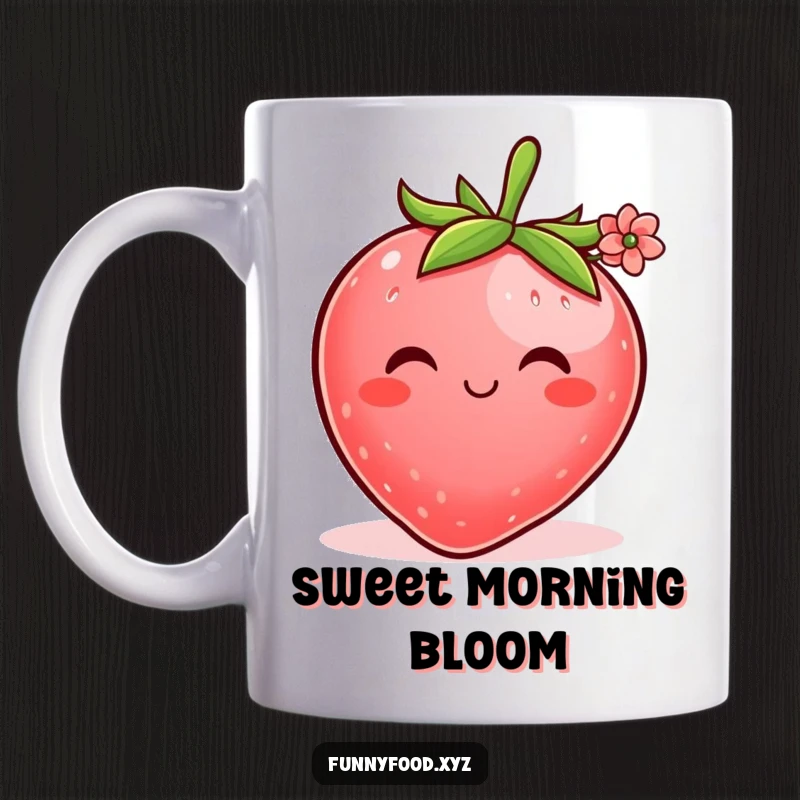Funny mug showcasing a plump, blushing strawberry with a shy smile, gently offering a tiny, delicate flower.