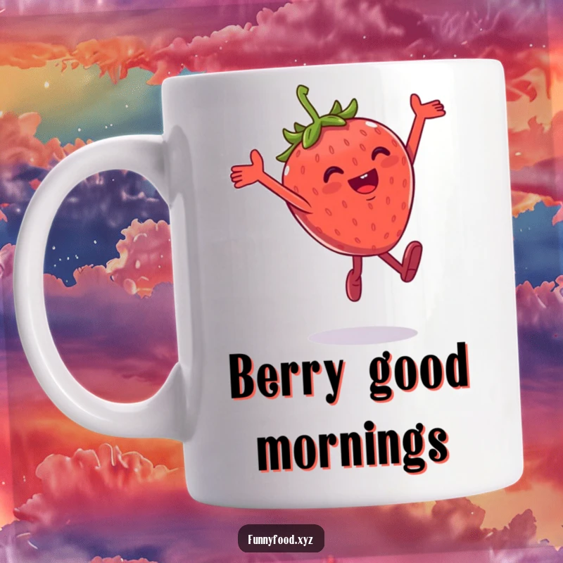 Funny strawberry mug featuring a gleeful anthropomorphic strawberry leaping playfully high in the air.