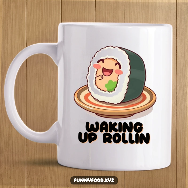 Funny sushi mug, showing a happy sushi roll wiggling on a plate, perfect for sushi enthusiasts.