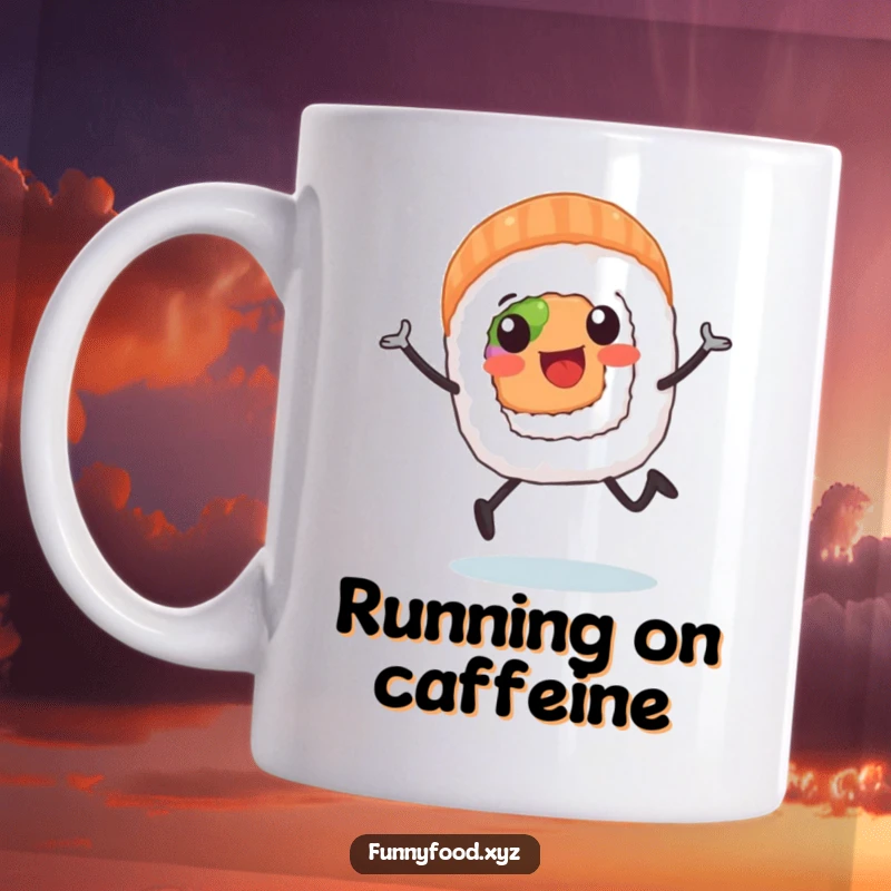 A happy sushi roll with cute legs running enthusiastically, smiling on a ceramic mug.