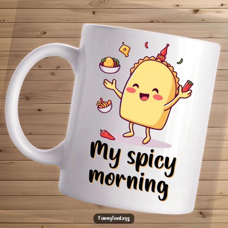 Funny taco character happily juggling tiny toppings, bringing a festive and humorous vibe to this mug.