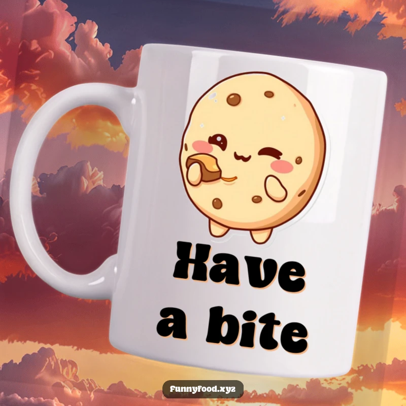 Funny Cookie Mug: A cute cookie character winking and offering a bite.