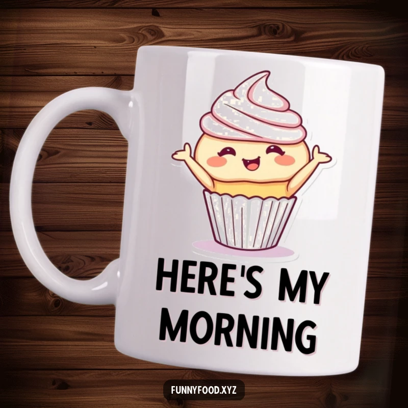 Funny cupcake mug featuring a giggling cupcake performing a playful bow, radiating sweetness and charm. Perfect funny gift.