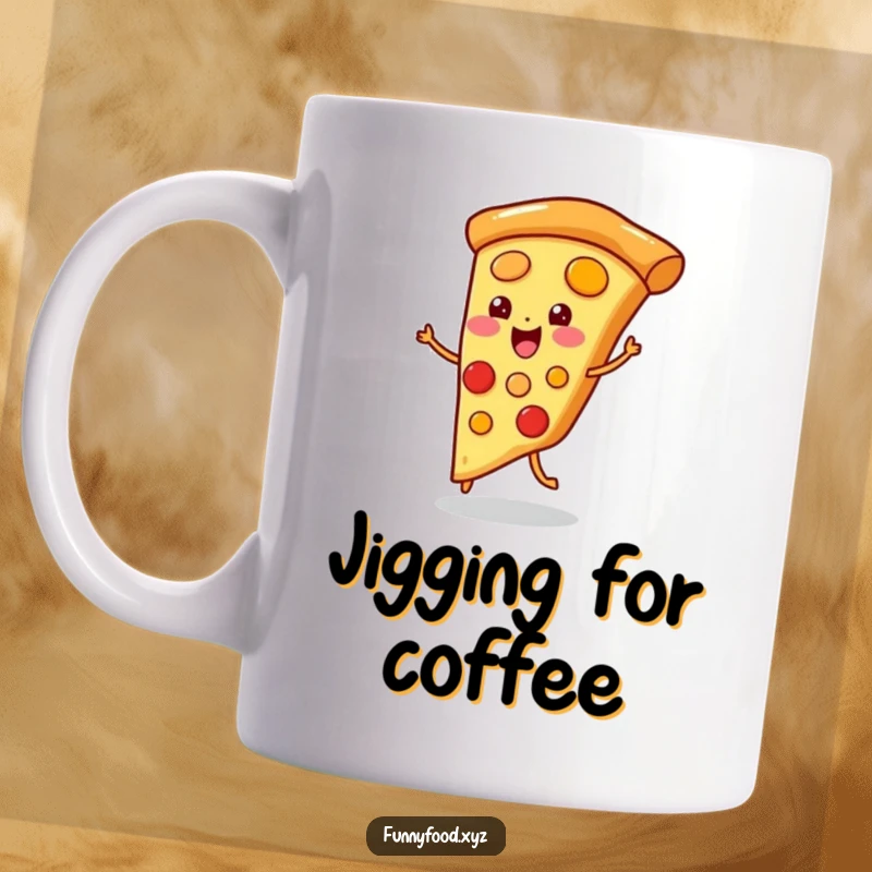 Funny mug depicting a happy pizza slice doing a little jig, looking energetic and delicious.