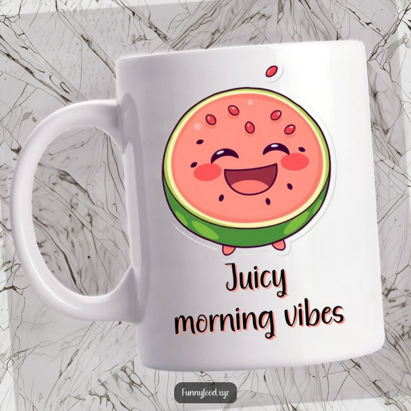 Funny Laughing Watermelon Mug: A happy slice of watermelon laughs with seeds popping out, a juicy and funny gift.