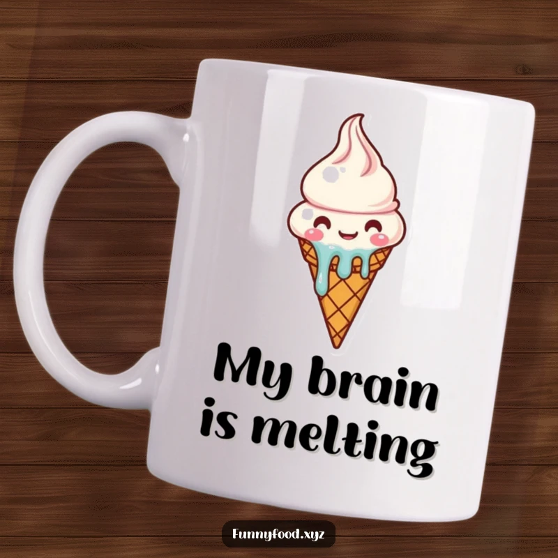 Funny ice cream cone mug character melting with pure joy, a sweet and happy treat illustration.