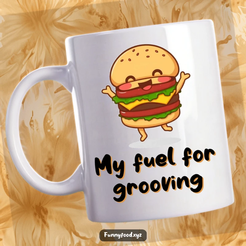 Funny Mug featuring a jolly hamburger happily dancing with pure joy and a big smile, perfect for burger lovers.