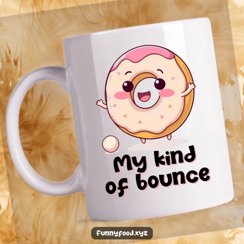 Funny donut mug showing a delighted donut character happily bouncing a tiny ball with a big smile.