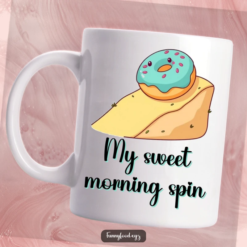 Funny donut mug depicting a gleeful donut joyfully rolling down a hill, embodying pure, sweet happiness.