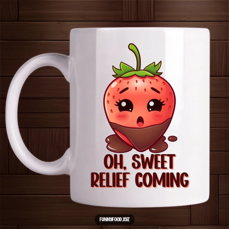 Funny surprised strawberry mug, eyes wide in mock terror as it awaits chocolate dip, a humorous and relatable dessert moment.