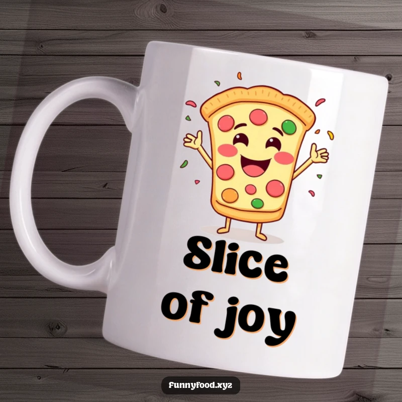 Funny mug depicting a grinning pizza slice with arms joyfully throwing confetti, celebrating with cheesy delight.