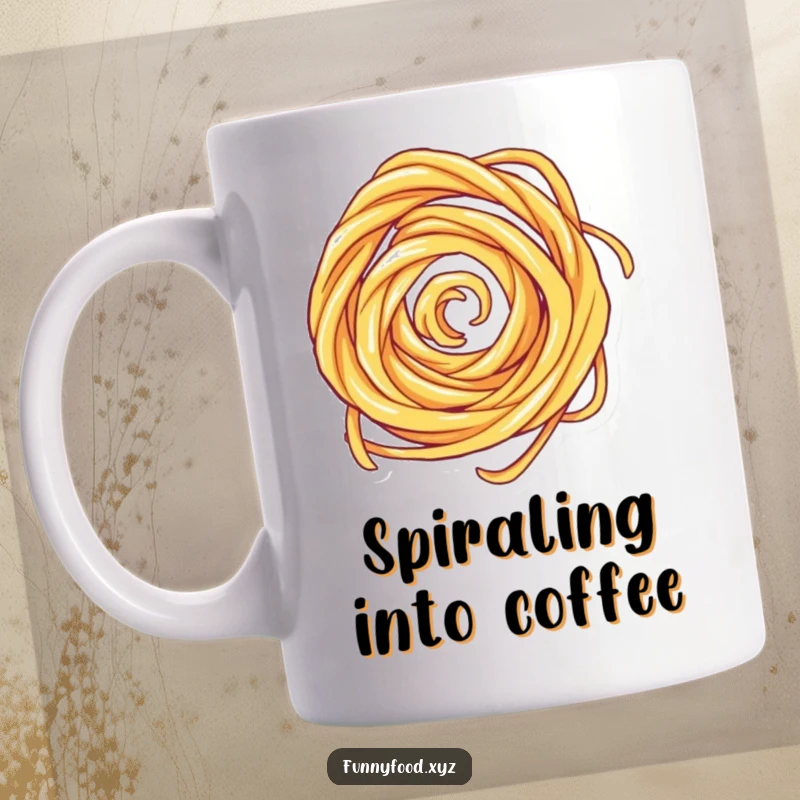 Funny pasta swirl mug with a dynamic, fast-spinning motion, ideal for pasta lovers who enjoy humor.