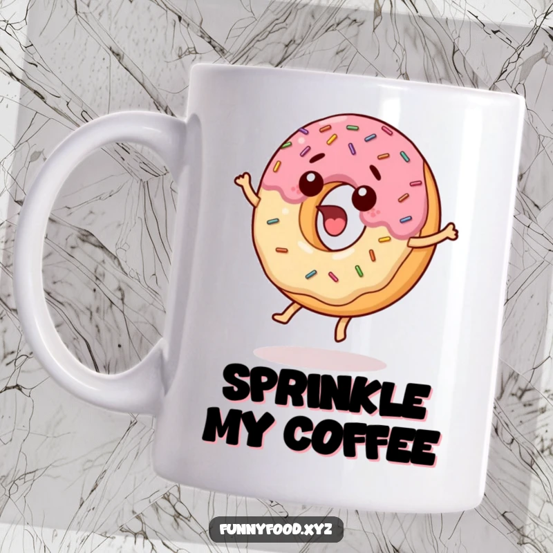 Funny mug depicting a surprised donut with sprinkles joyfully jumping up and down, radiating pure excitement and delight.