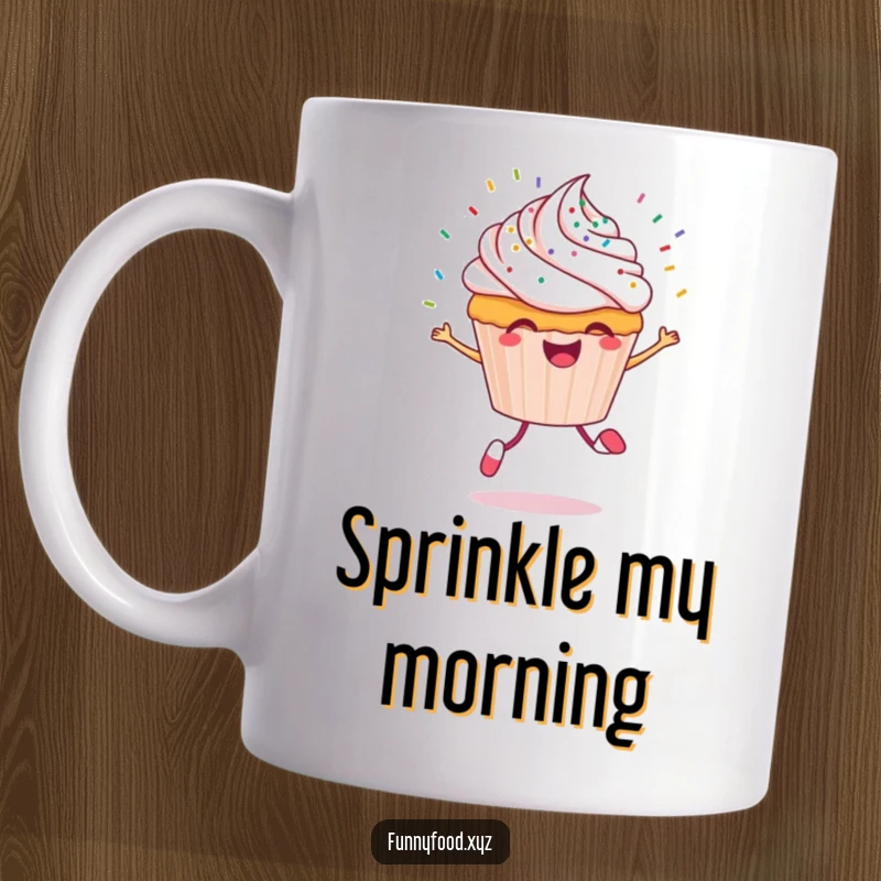 Funny cupcake character mug with a cheerful cupcake skipping joyfully, with colorful sprinkles flying around.