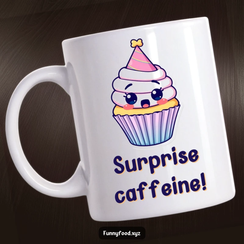 Funny mug featuring a surprised cupcake wearing a party hat, eyes wide with delightful shock.