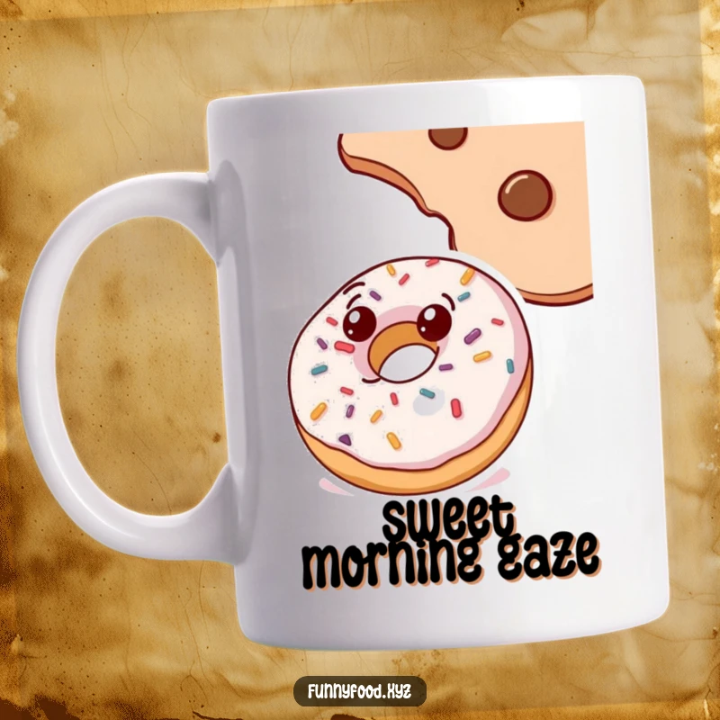 Funny curious doughnut mug, covered in sprinkles, looking up at a cookie, a humorous depiction of sweet treat fascination.