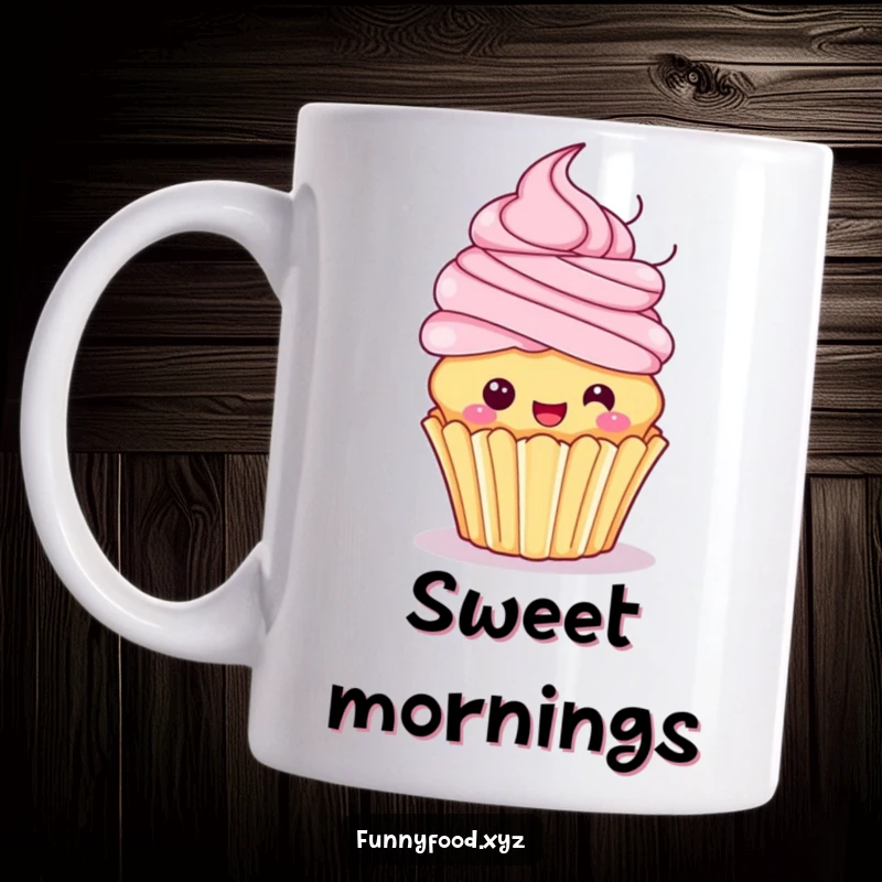 Funny mug showcasing a playful cupcake with colorful frosting hair, excitedly spinning with a joyful and energetic expression.