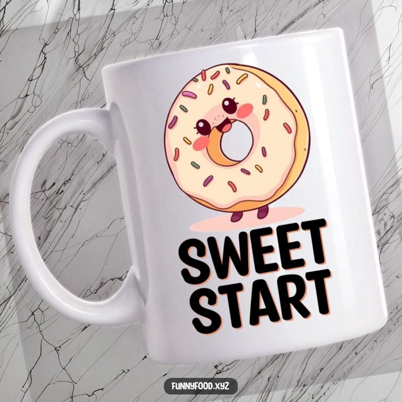 Funny mug showcasing a giggling donut with colorful sprinkles, energetically doing a cartwheel with a joyful and playful expression.