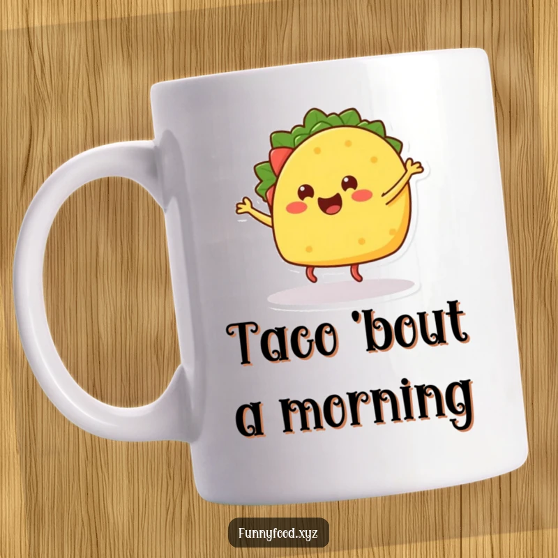 Funny mug featuring a happy taco with legs joyfully dancing, perfect for food lovers and parties.