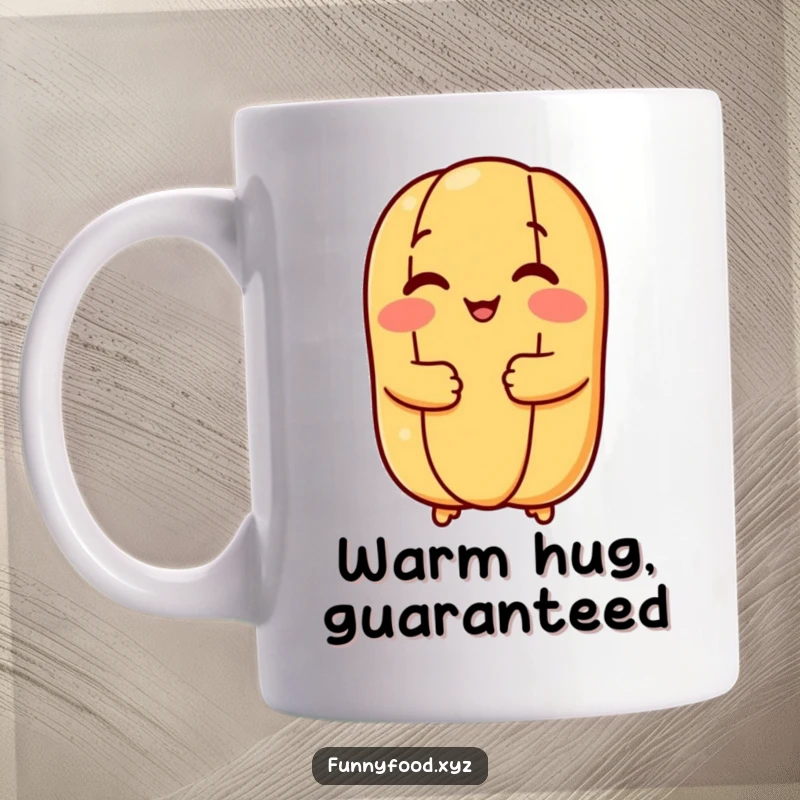 Funny hot dog bun mug showing a joyful bun giving a warm, comforting hug, perfect for a cozy kitchen accessory.