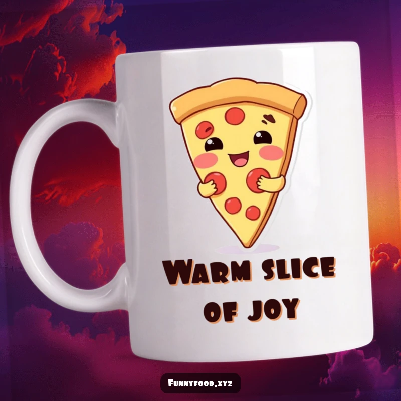 Funny mug featuring a delighted pizza slice character offering a warm, inviting hug with a friendly smile.