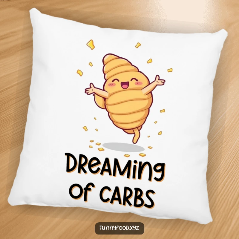 Funny pillow showcasing a beaming anthropomorphic croissant doing cartwheels, with buttery flakes gently falling.